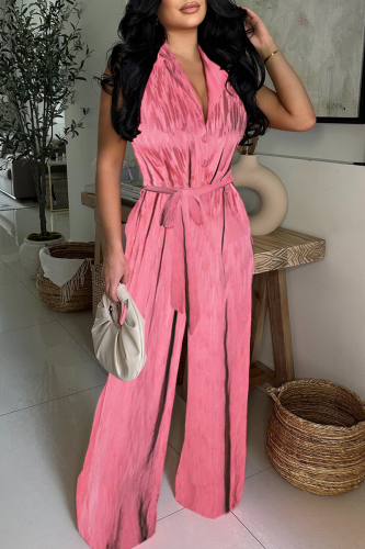 Rose Red Casual Solid Color Backless Strap Design V Neck Loose Jumpsuits