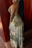 Gray Green Sexy Print Backless Slit Halter Long Dresses