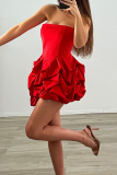 Red Sexy Solid Color Ruched Strapless Wrapped Skirt Dresses