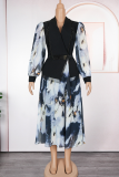 White Elegant Print Fringed Trim Contrast Turndown Collar Long Plus Size Dresses