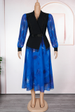 White Elegant Print Fringed Trim Contrast Turndown Collar Long Plus Size Dresses
