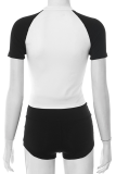 Black Casual Contrast O Neck Short Sleeve Two Pieces
