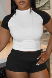 Black Casual Contrast O Neck Short Sleeve Two Pieces
