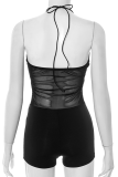 Black Sexy Solid Color Hollow Out Backless Halter Skinny Rompers