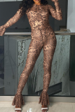 Leopard Print Sexy Leopard Print Patchwork O Neck Skinny Jumpsuits