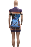 Purple Sexy Print Patchwork O Neck Wrapped Skirt Dresses