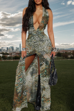 Gray Green Sexy Print Backless Slit Halter Long Dresses