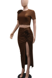 White Elegant Solid Color High Slit Flower Shape O Neck Short Sleeve Two Pieces