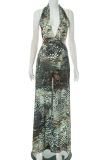 Gray Green Sexy Print Backless Slit Halter Long Dresses