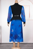 White Elegant Print Fringed Trim Contrast Turndown Collar Long Plus Size Dresses