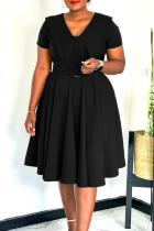 Black Elegant Solid Color Buckle With Belt Peter Pan Collar A Line Dresses