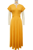 Yellow Elegant Solid Color Pocket Buttons V Neck A Line Dresses