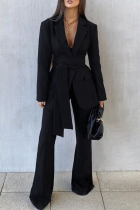 Black Casual Solid Color Strap Design Turn-back Collar Long Sleeve Two Pieces