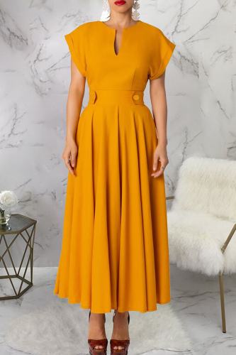 Yellow Elegant Solid Color Pocket Buttons V Neck A Line Dresses