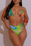 Green Sexy Print Backless 3 Piece Sets