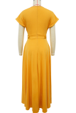 Yellow Elegant Solid Color Pocket Buttons V Neck A Line Dresses