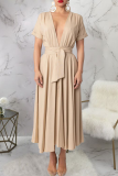 Black Elegant Solid Color Strap Design Deep V Neck Long Dresses