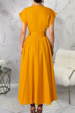 Yellow Elegant Solid Color Pocket Buttons V Neck A Line Dresses