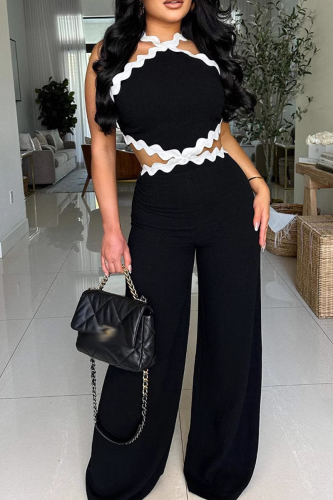 Black Sexy Backless Contrast Halter Loose Jumpsuits