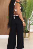 Black Sexy Backless Contrast Halter Loose Jumpsuits