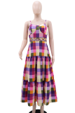 Colour Casual Vacation Plaid Hollow Out Spaghetti Strap Long Dresses