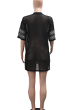 Black Casual Digital Slit Hot Drill V Neck T-Shirts
