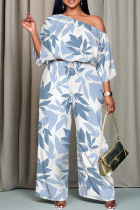 Baby Blue Casual Print Patchwork Oblique Collar Long Sleeve Two Pieces
