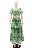 Green Casual Print Patchwork Asymmetrical Collar Short Sleeve Two Pieces