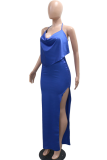 Rose Red Sexy Solid Color High Slit Halter Long Dresses