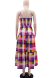 Colour Casual Vacation Plaid Hollow Out Spaghetti Strap Long Dresses