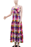 Colour Casual Vacation Plaid Hollow Out Spaghetti Strap Long Dresses