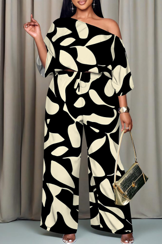 Black Casual Print Patchwork Oblique Collar Long Sleeve Two Pieces