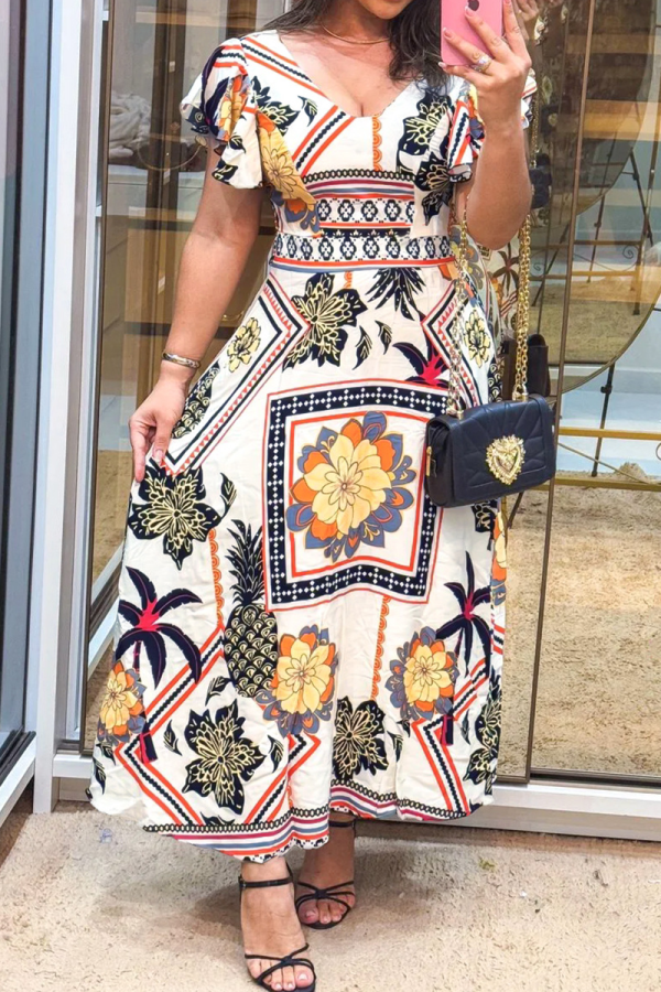 Colour Casual Print V Neck Dresses