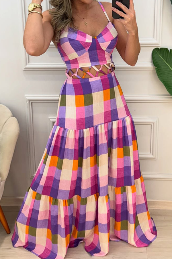 Colour Casual Vacation Plaid Hollow Out Spaghetti Strap Long Dresses