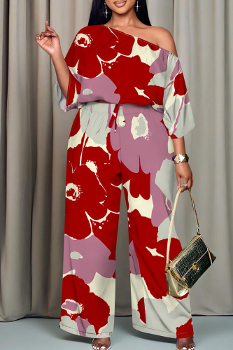 Red Casual Print Patchwork Oblique Collar Long Sleeve Two Pieces