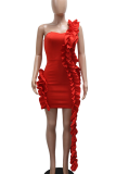 Red Sexy Solid Color Stringy Selvedge Strapless Wrapped Skirt Dresses