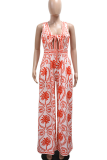 Red Casual Print Strap Design V Neck Loose Jumpsuits
