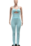 Black Casual Stripe Backless Strap Design Halter Sleeveless Two Pieces