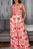 Red Casual Print Strap Design V Neck Loose Jumpsuits