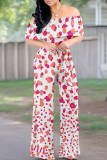 White Casual Print Patchwork Off Shoulder Regular Jumpsuits