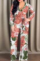 White Casual Print Strap Design V Neck Regular Jumpsuits