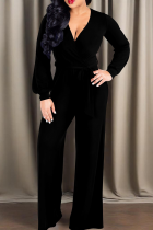 Black Casual Solid Color Strap Design V Neck Loose Jumpsuits