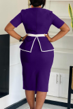 Deep Blue Office lady Elegant Solid Color With Belt Contrast O Neck Wrapped Skirt Dresses