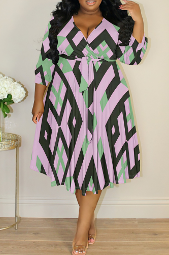 Black Pink Casual Print Strap Design V Neck Long Plus Size Dresses