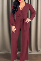 Brick Red Casual Solid Color Strap Design V Neck Loose Jumpsuits
