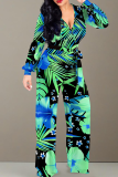 Green Casual Print Strap Design V Neck Regular Jumpsuits