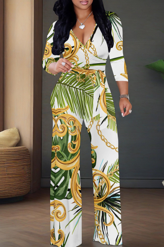 White Green Casual Print V Neck Regular Jumpsuits