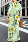 Tangerine Red Casual Print Strap Design V Neck Long Plus Size Dresses