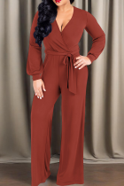 Tangerine Red Casual Solid Color Strap Design V Neck Loose Jumpsuits
