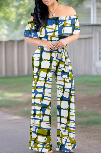 Blue White Casual Print Patchwork Off Shoulder Regular Jumpsuits